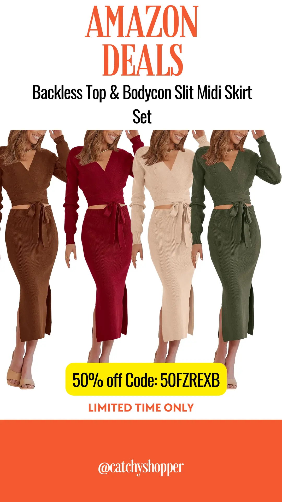 Backless Top & Bodycon Slit Midi Skirt Set