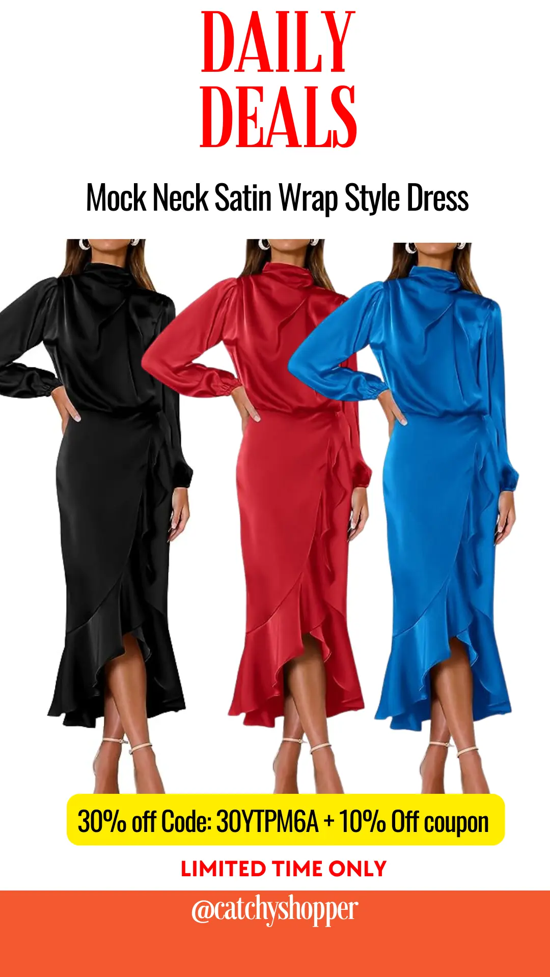 Mock Neck Satin Wrap Style Dress