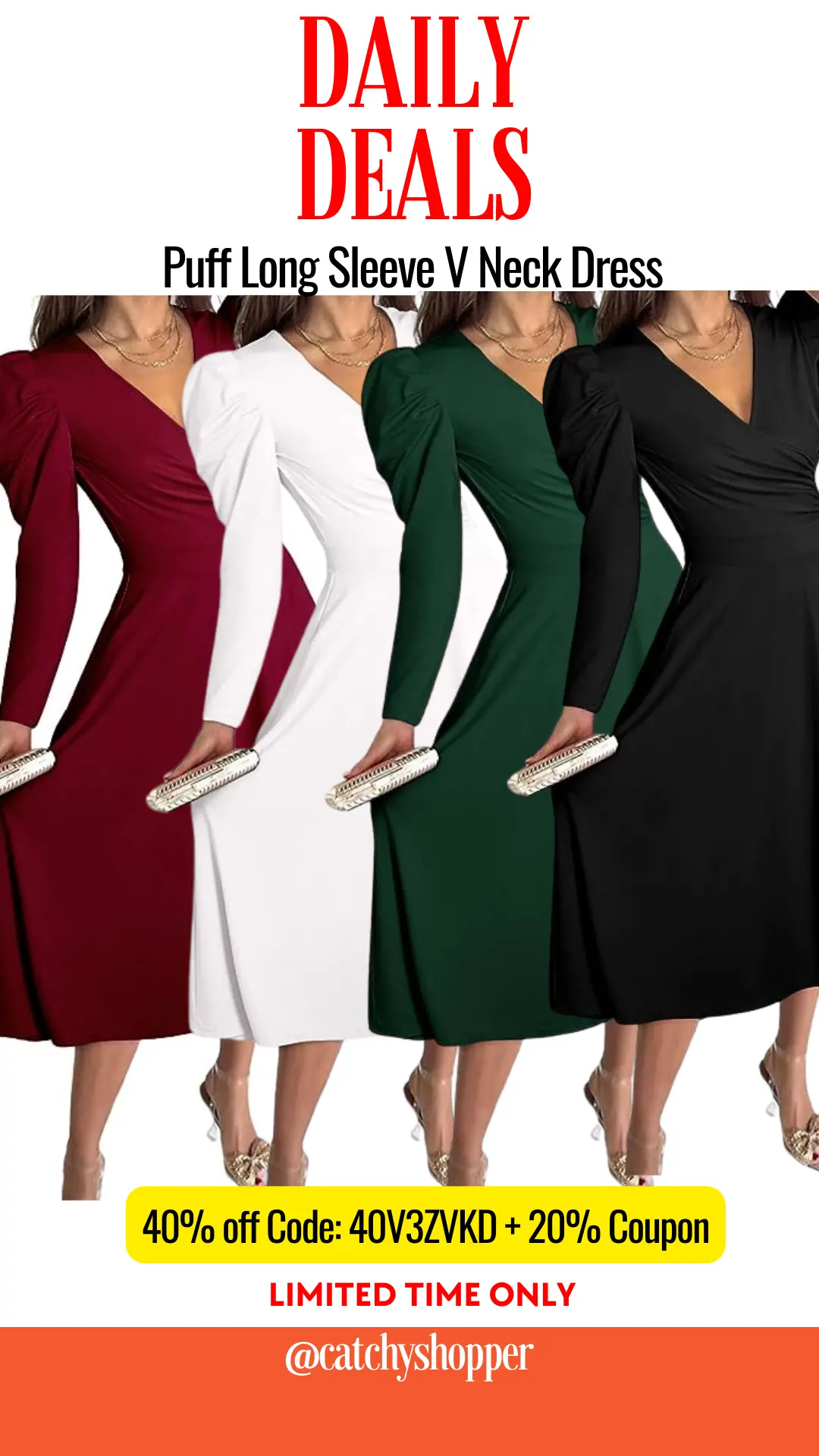 Puff Long Sleeve V Neck Dress
