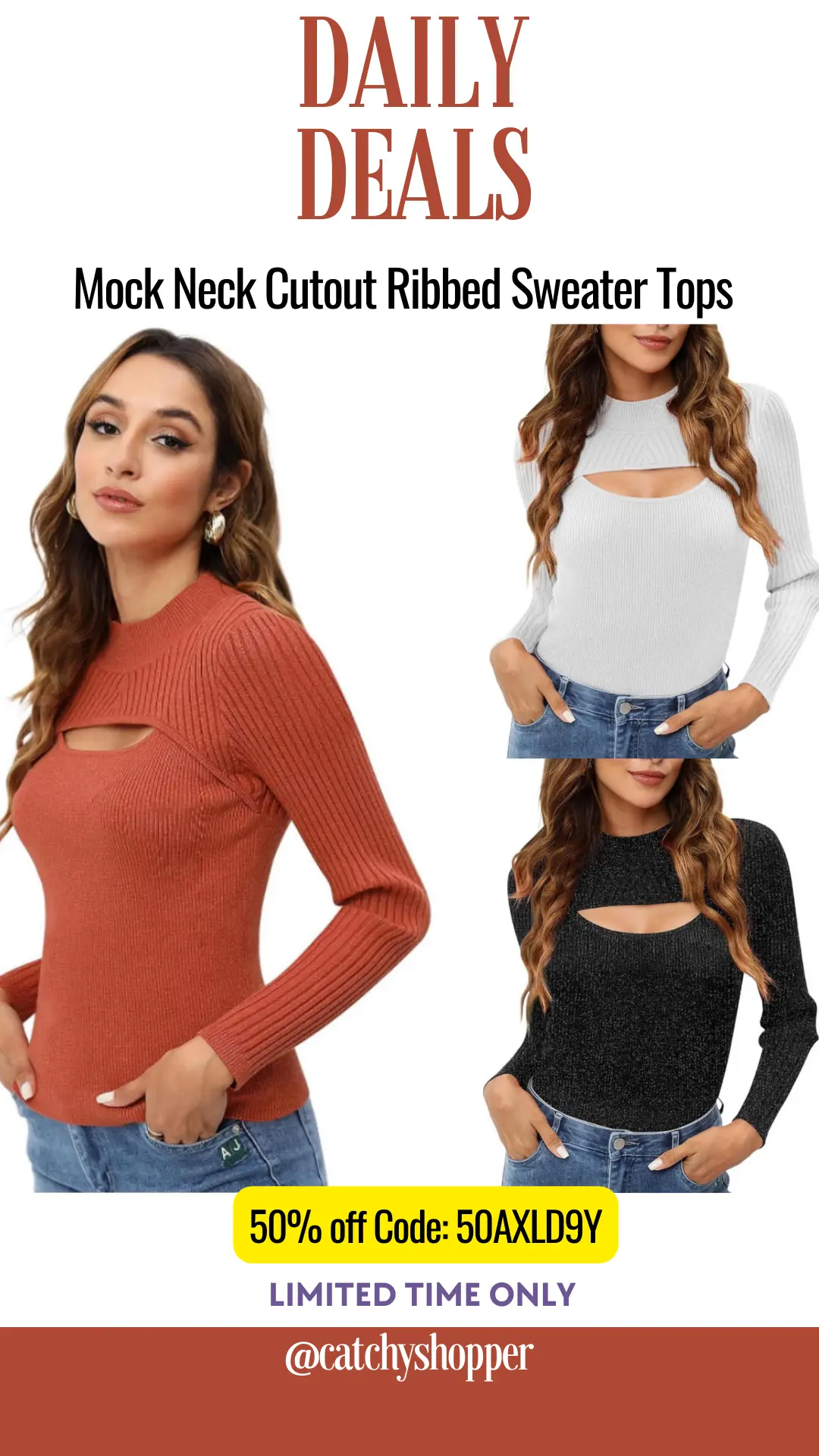 Mock Neck Cutout Ribbed Sweater Tops