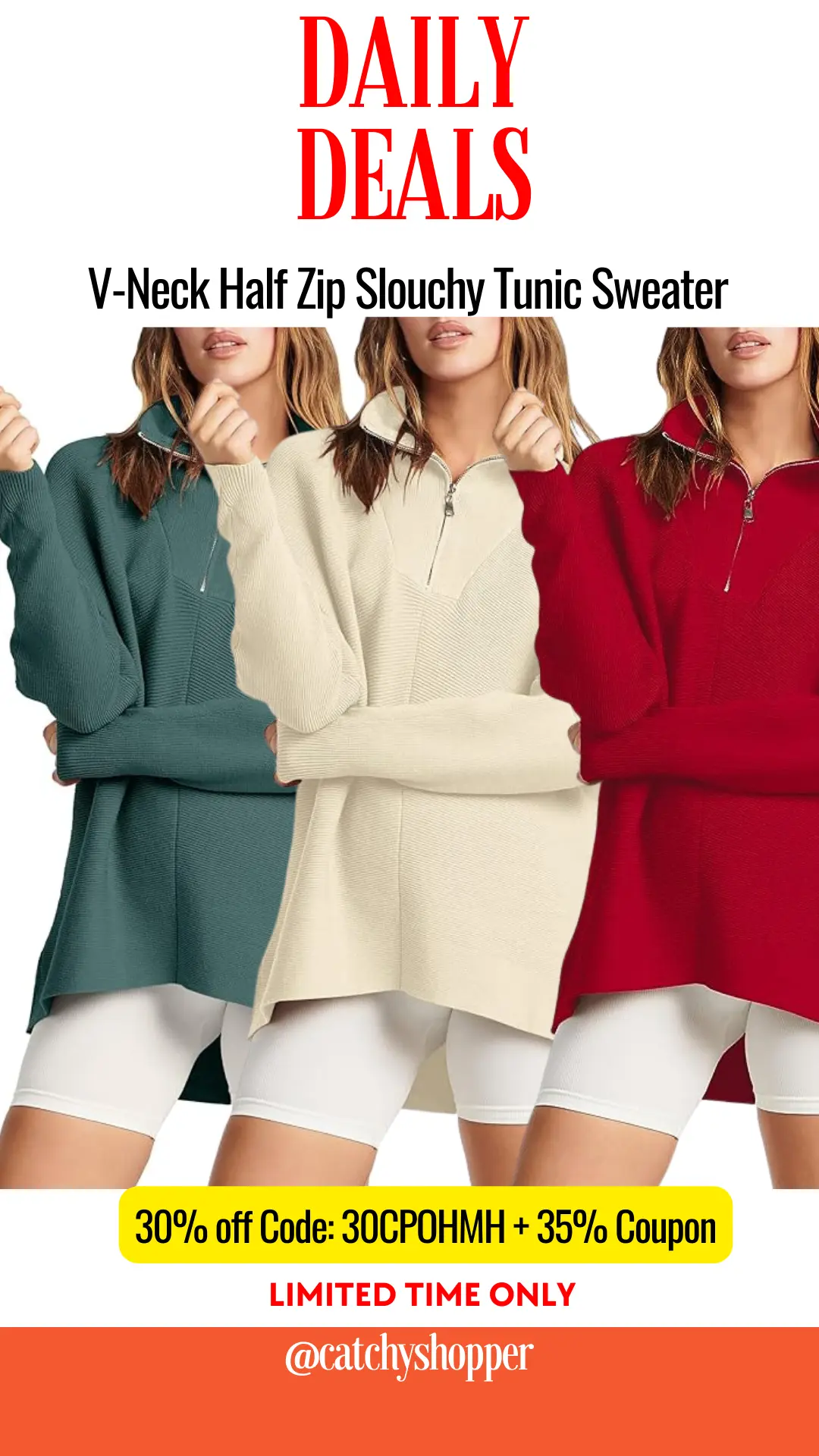 V-Neck Half Zip Slouchy Tunic Sweater